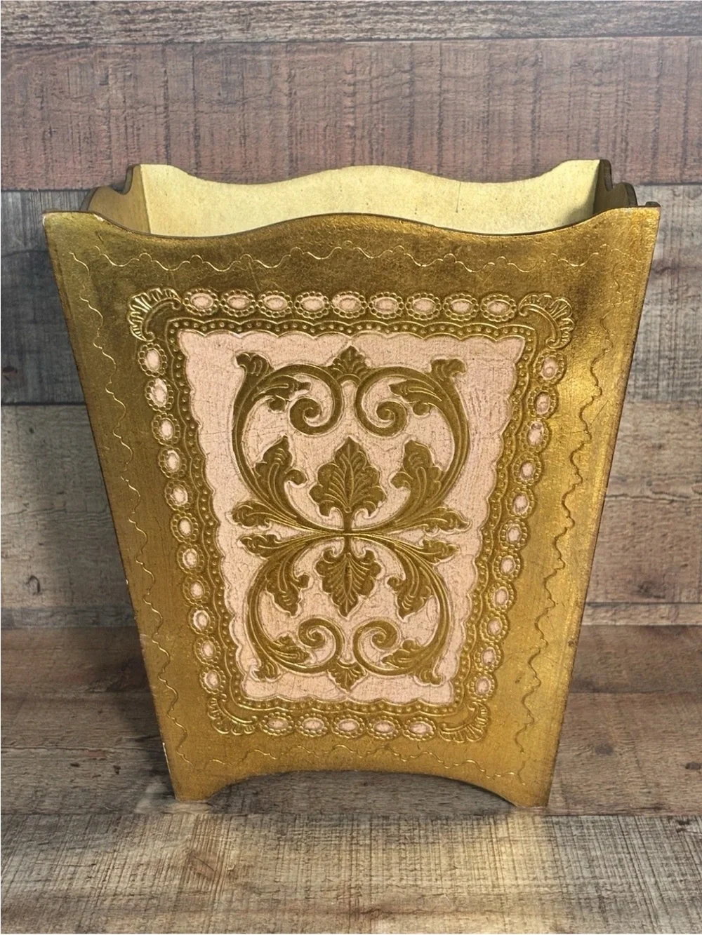 Vintage Italian Waste Paper Basket Florentine Gold Gilt Wood 11.5” Trash Bin
